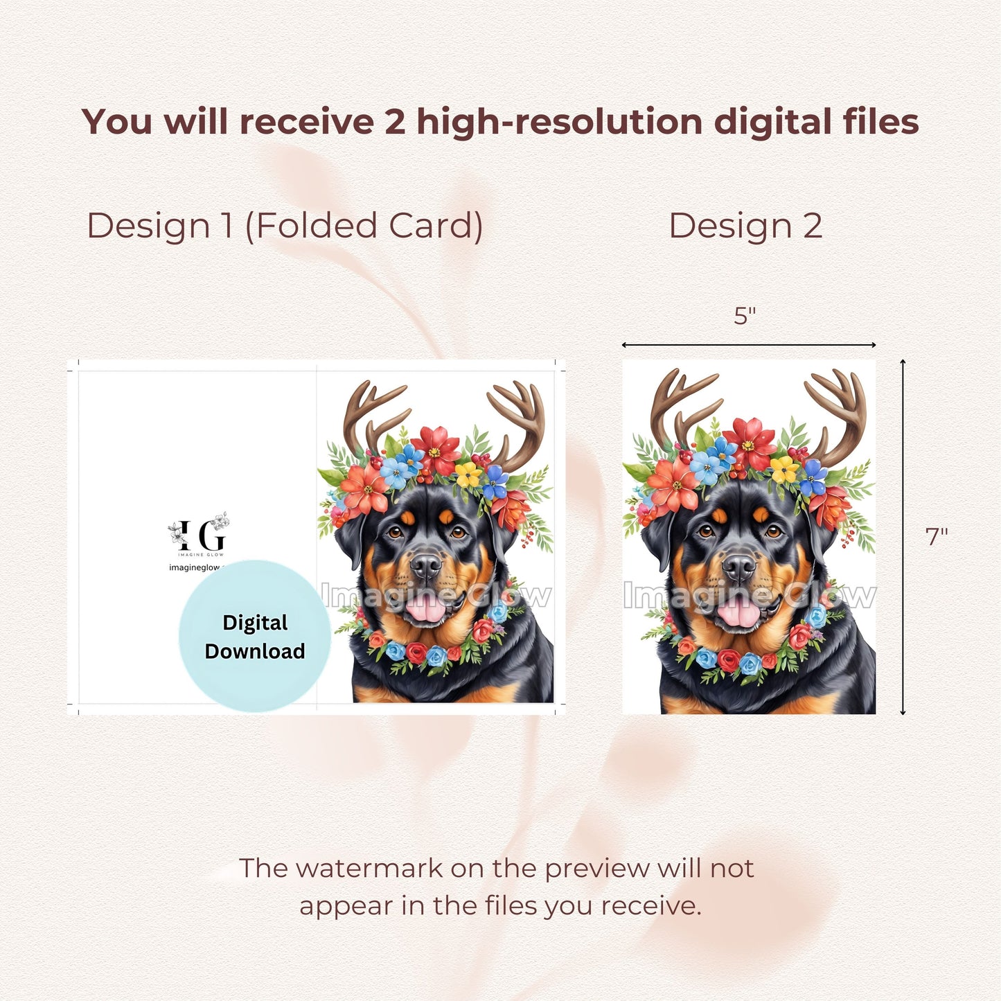 Holiday greeting card featuring a Rottweiler dog, printable.