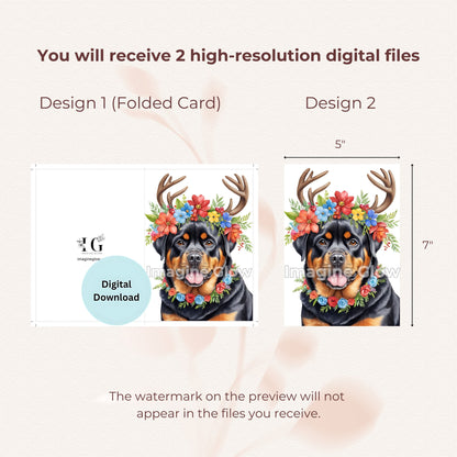 Holiday greeting card featuring a Rottweiler dog, printable.