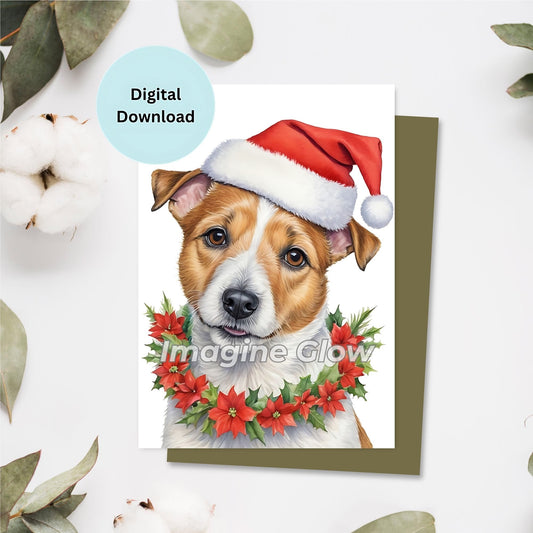 Holiday greeting card featuring a Russell Terrier dog, printable.