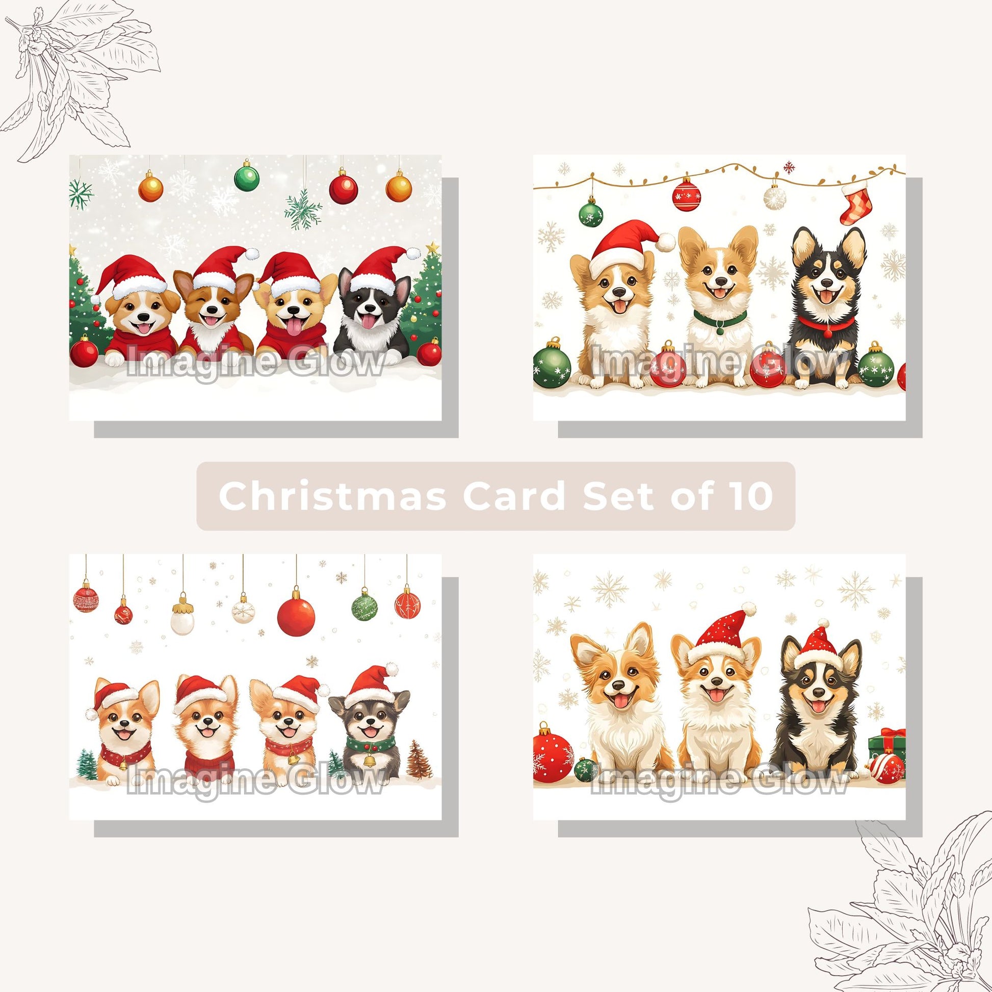 Holiday greeting cards featuring dogs in Christmas outfits.