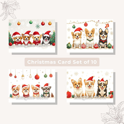 Holiday greeting cards featuring dogs in Christmas outfits.