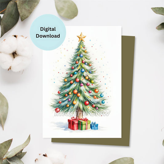 Printable Christmas tree holiday card with festive decorations