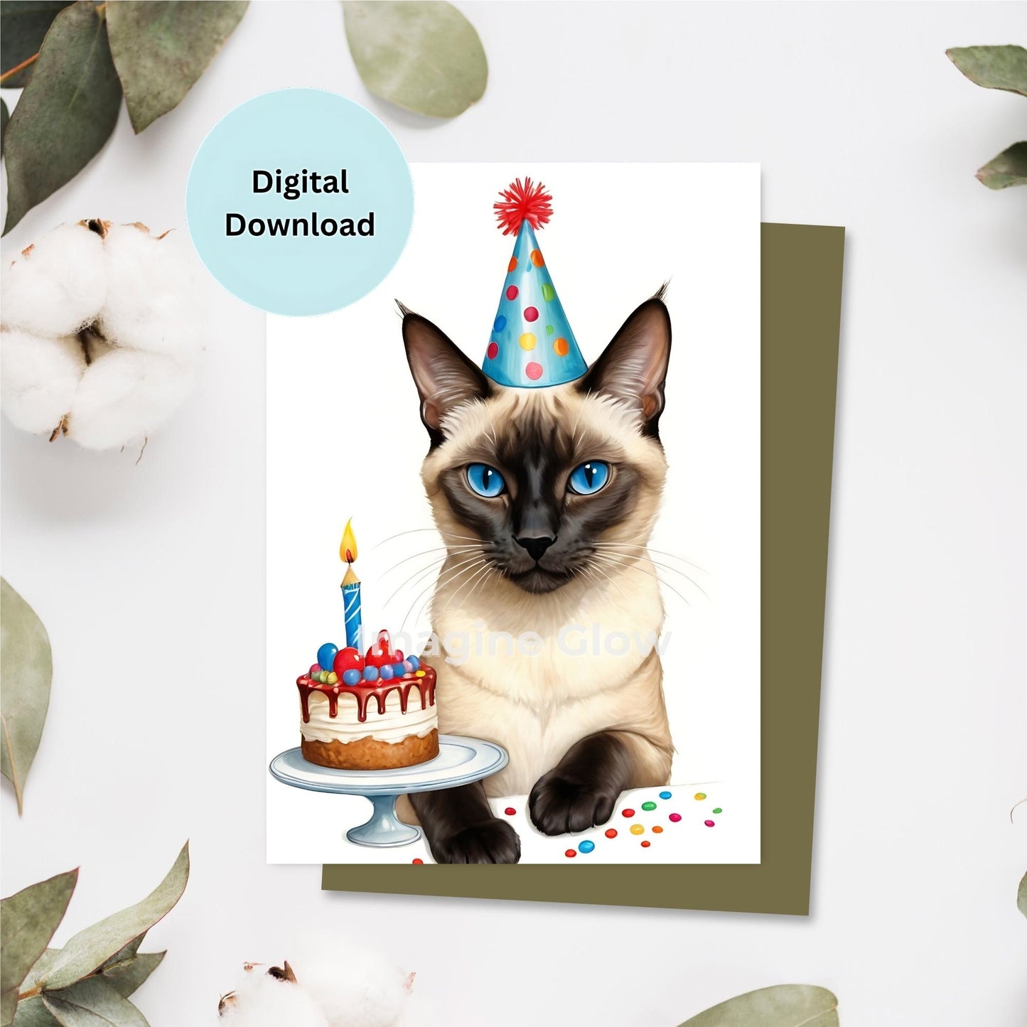 Printable Siamese cat birthday card design