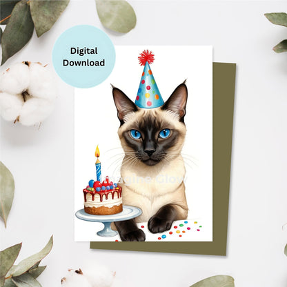 Printable Siamese cat birthday card design