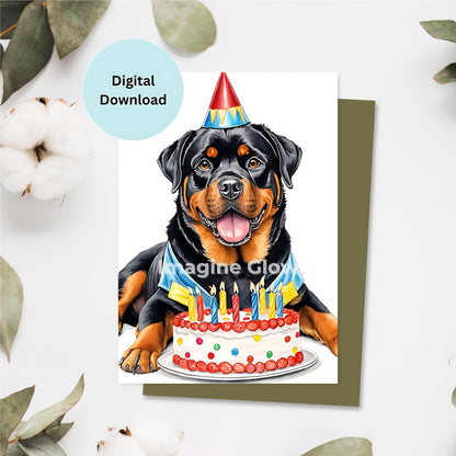 Rottweiler dog birthday card printable featuring a cute Rottweiler illustration