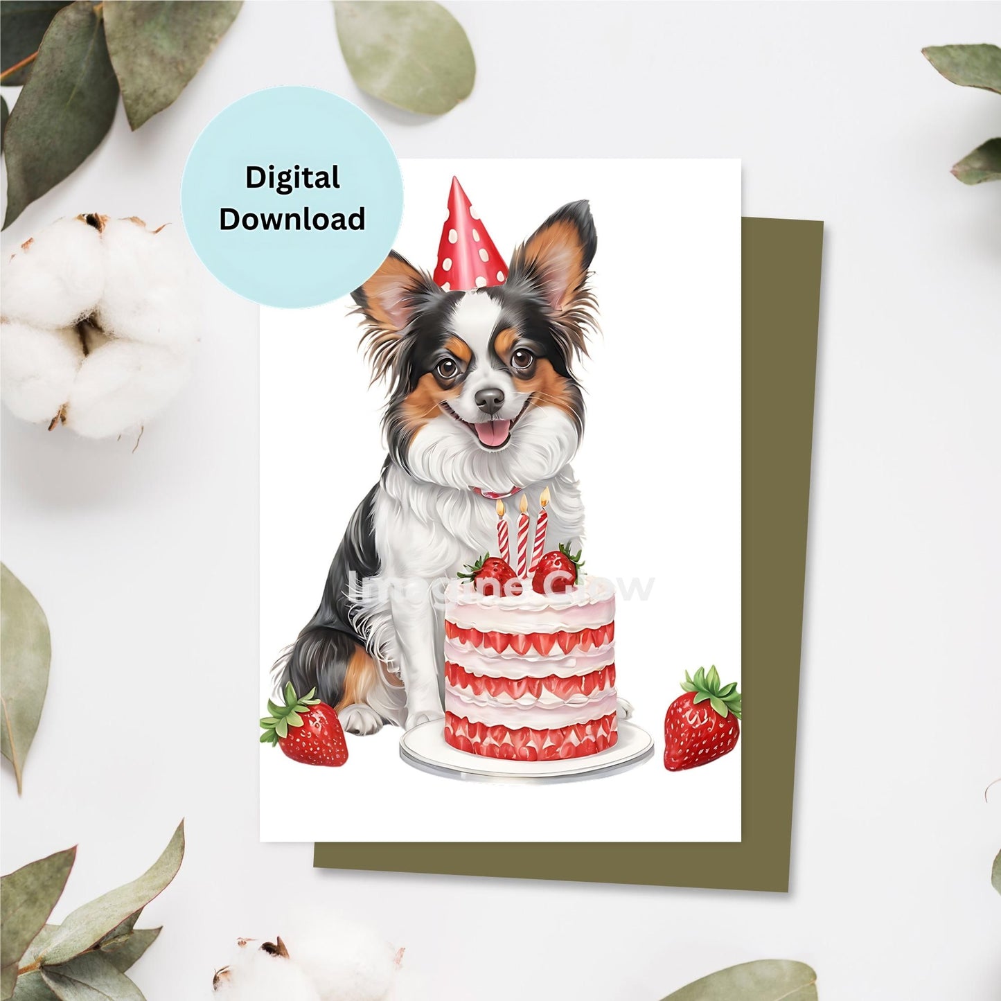 Papillon dog birthday card printable featuring a cute dog illustration