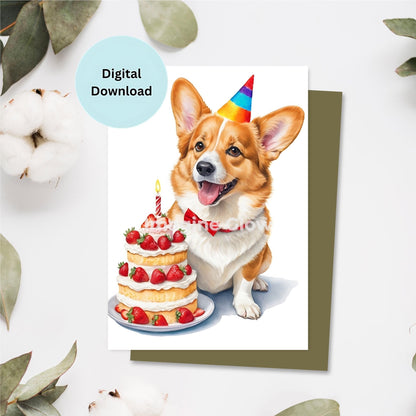 Welsh Corgi dog birthday card printable with a cute dog illustration