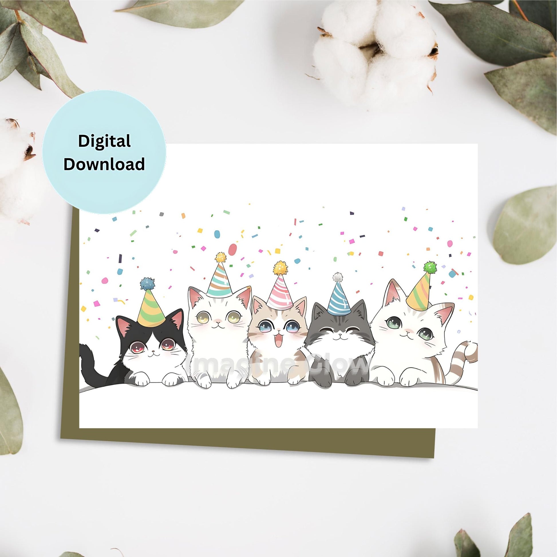 Printable Cats Birthday Card with adorable cat illustrations.