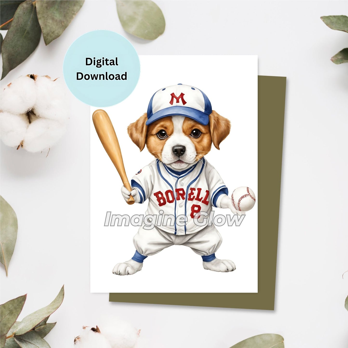 Birthday card design featuring a dog in a costume holding a baseball bat, designed for baseball lovers, with a fun and festive theme.