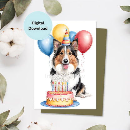 Printable birthday card featuring an adorable Collie dog illustration