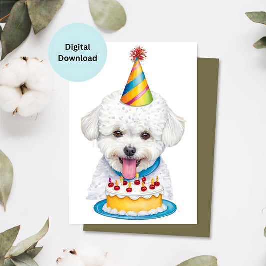 Printable birthday card featuring a Bichon Frise dog.