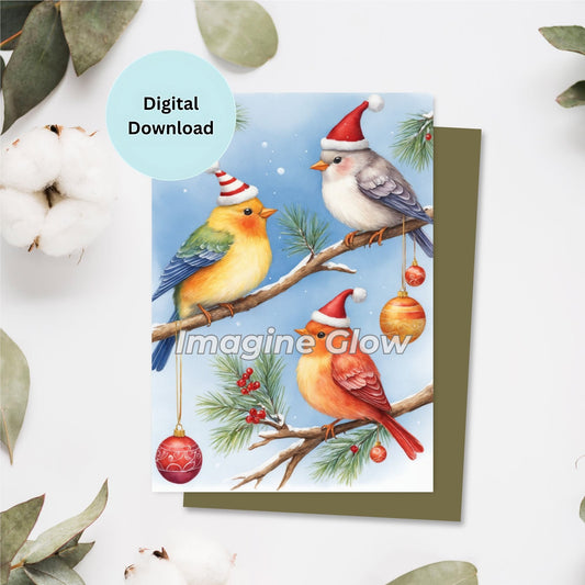 Christmas greeting card featuring festive birds on winter branches.