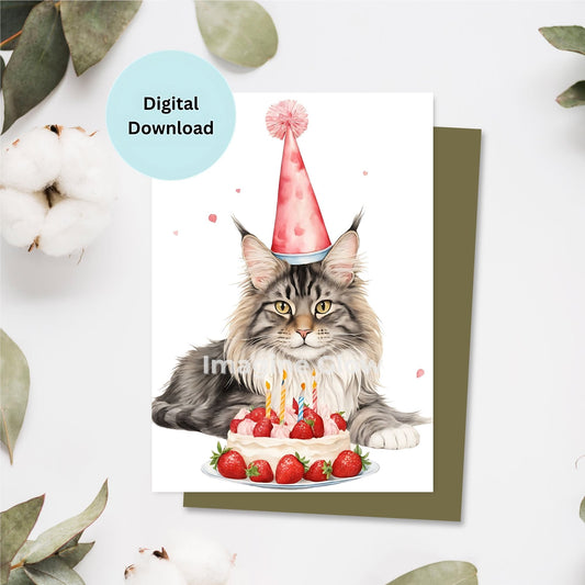 Printable Maine Coon cat birthday card design