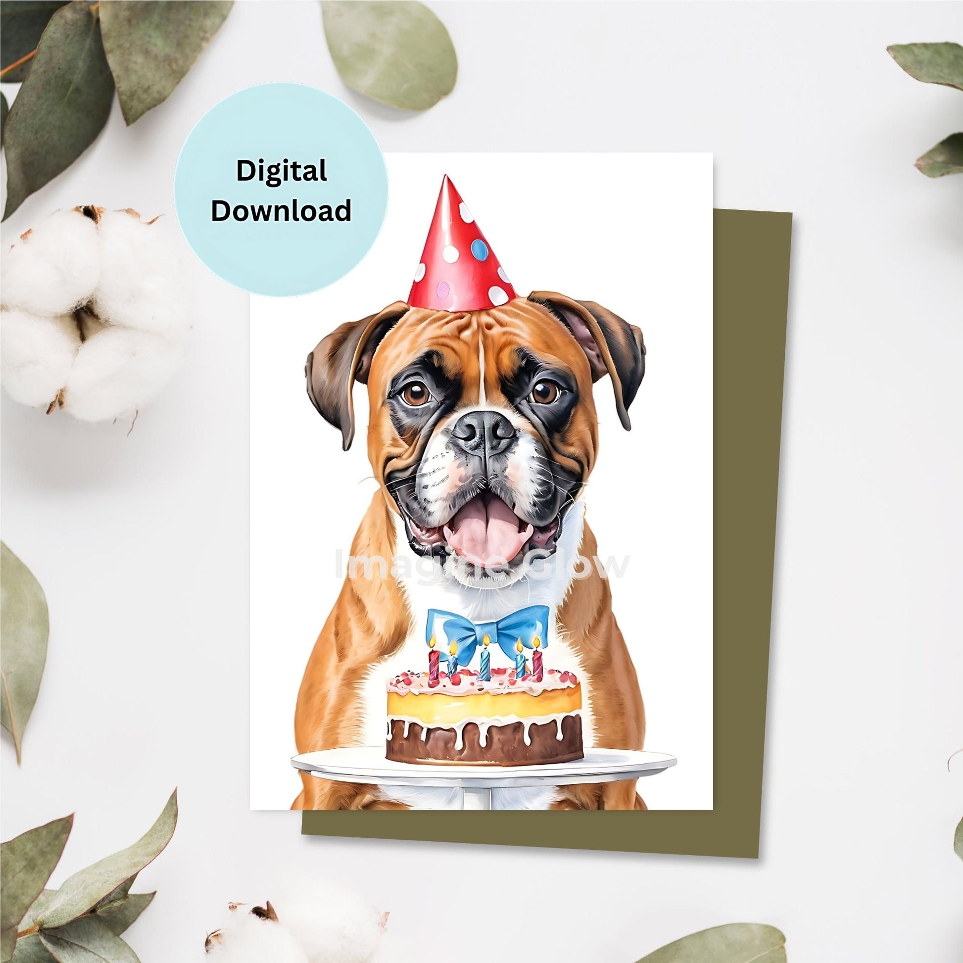 Printable birthday card featuring a Boxer dog.