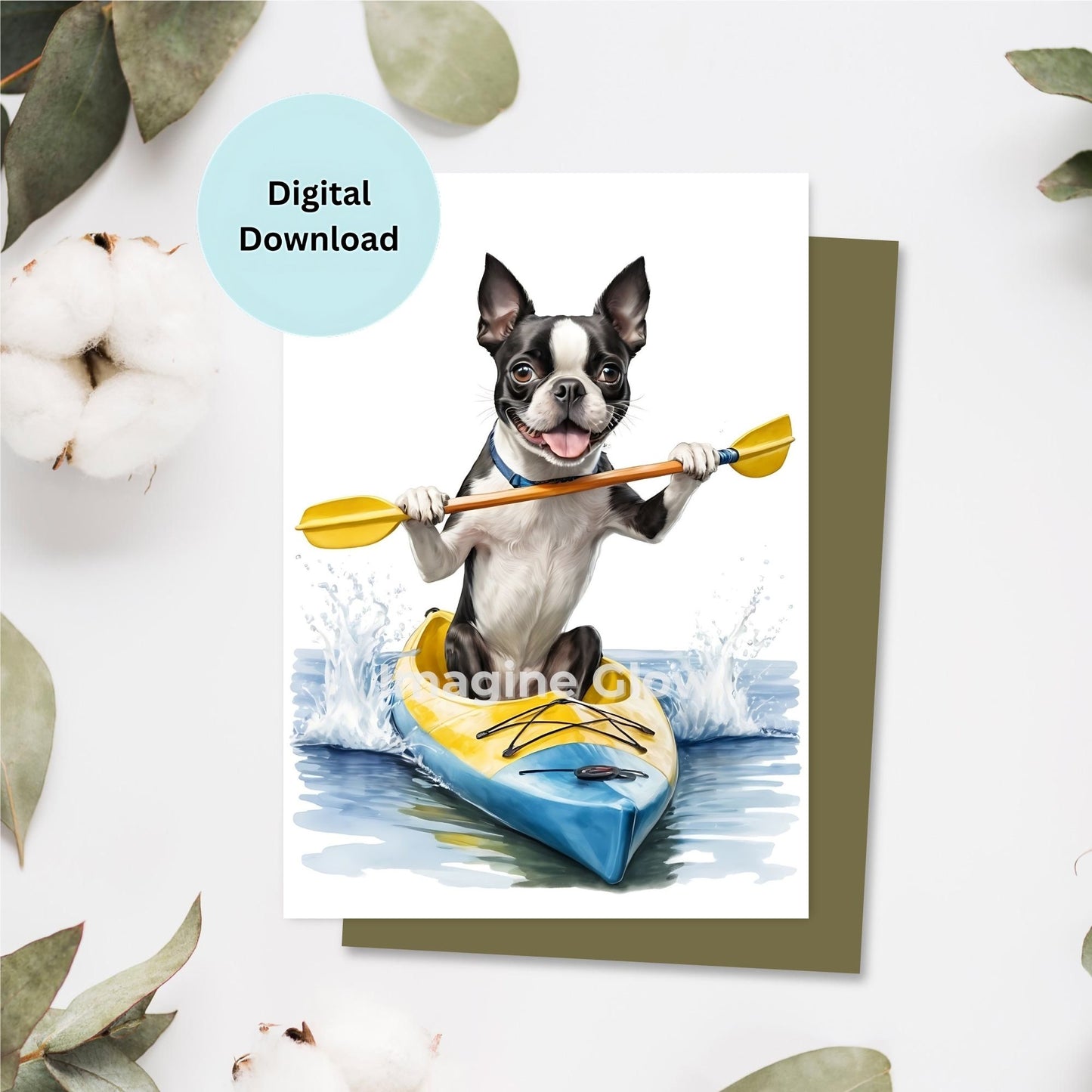 Printable kayak birthday card with a funny French bulldog