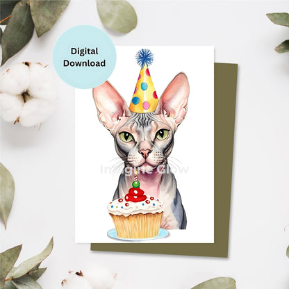 Printable Sphynx cat birthday card design