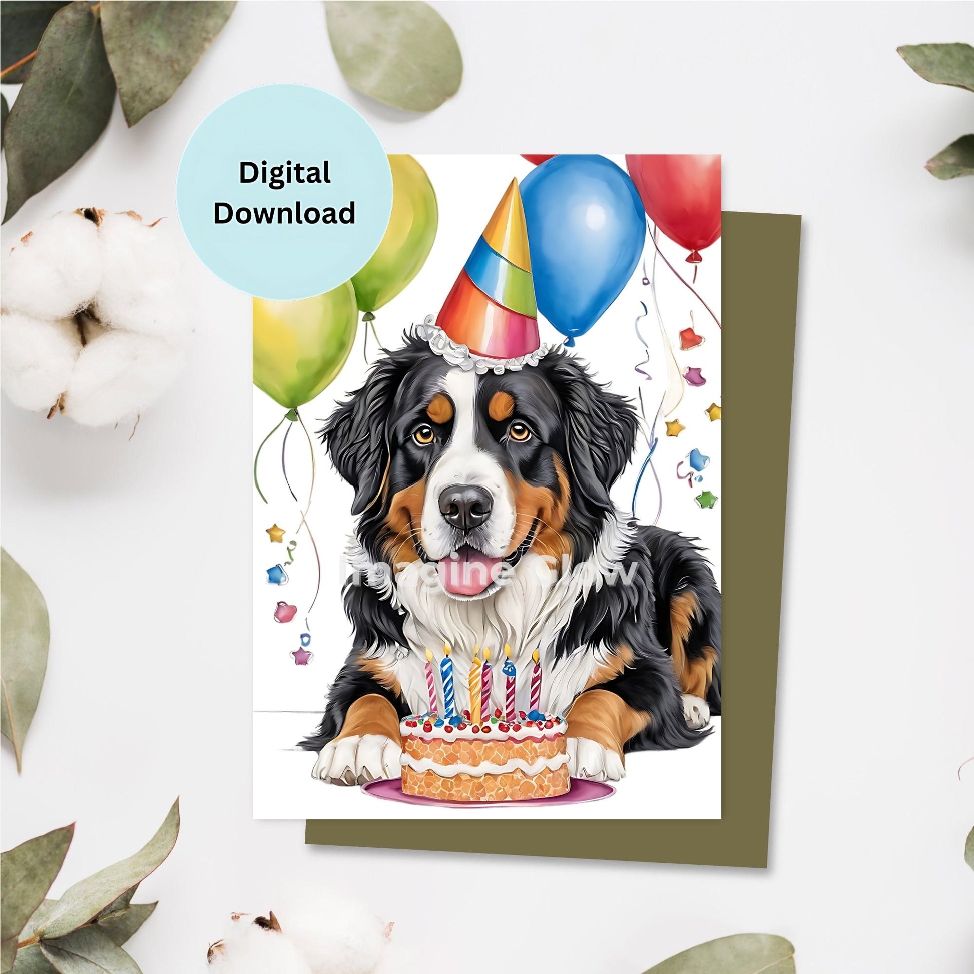 Printable birthday card featuring a Bernese Mountain Dog.