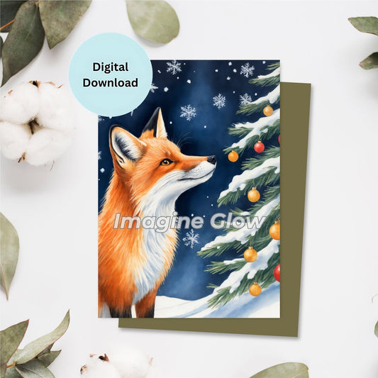 Festive Christmas fox greeting card featuring a playful fox in a winter scene.