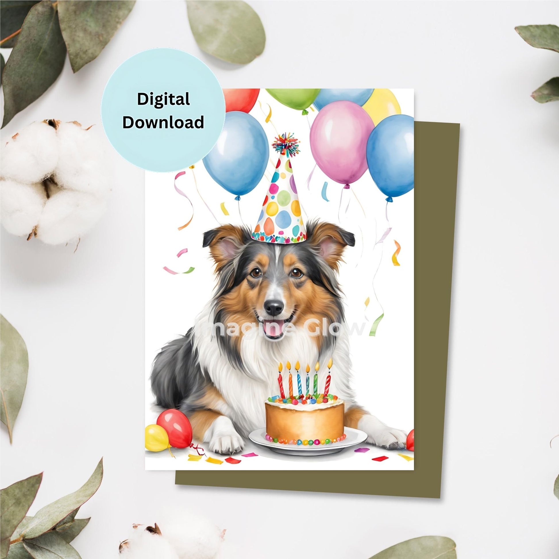 Shetland Sheepdog birthday card printable featuring an adorable dog illustration