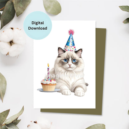 Printable Ragdoll cat birthday card design