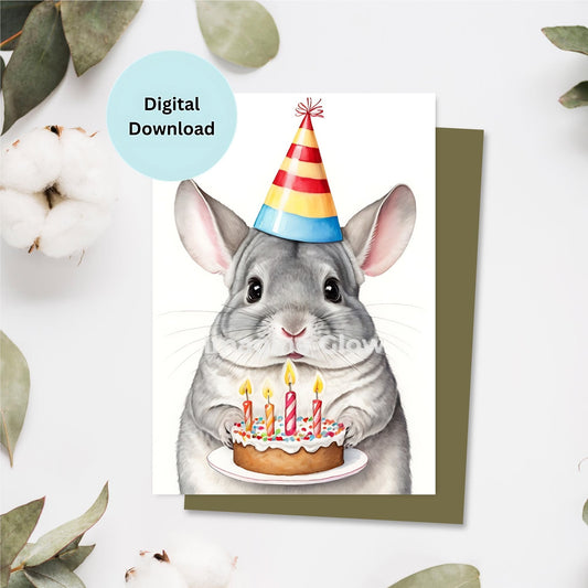 Printable birthday card featuring a cute chinchilla illustration