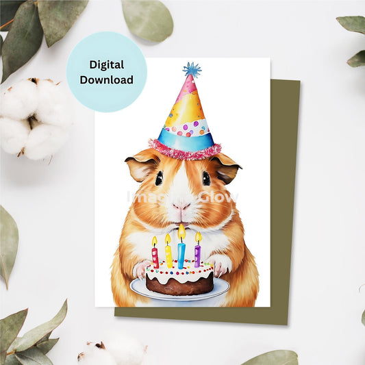 Guinea pig birthday card printable with a cute animal illustration