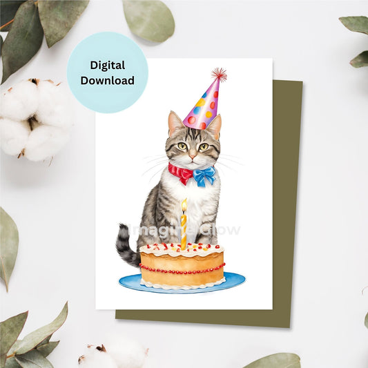 Cute illustration of a Domestic Shorthair cat for a birthday greeting