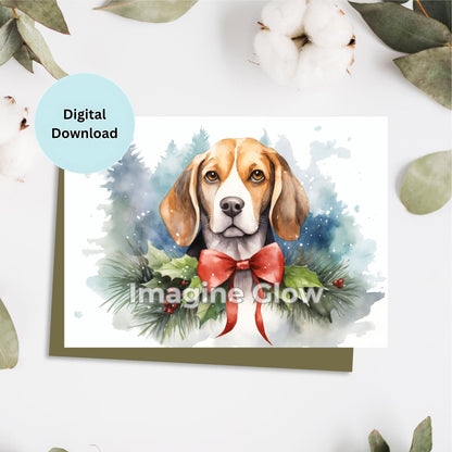 Printable Beagle Christmas card for holiday greetings.