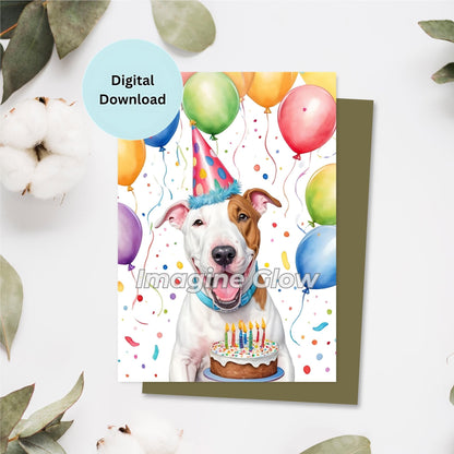 Printable Bull Terrier dog card, ideal for sending birthday wishes to dog enthusiasts.