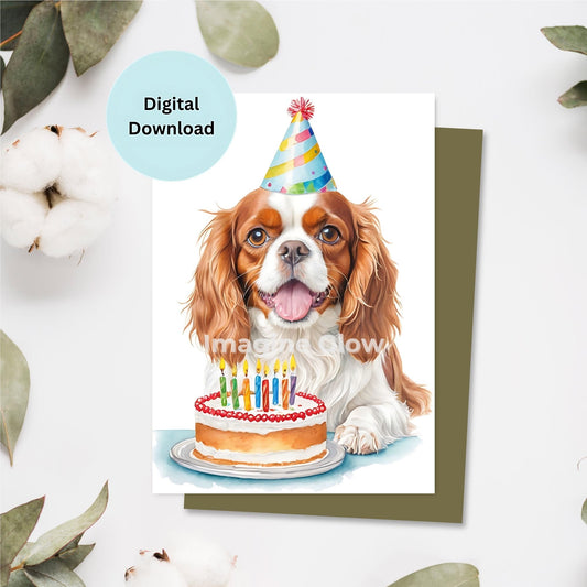 Printable Cavalier King Charles Spaniel Dog Birthday Card with a cute illustration.