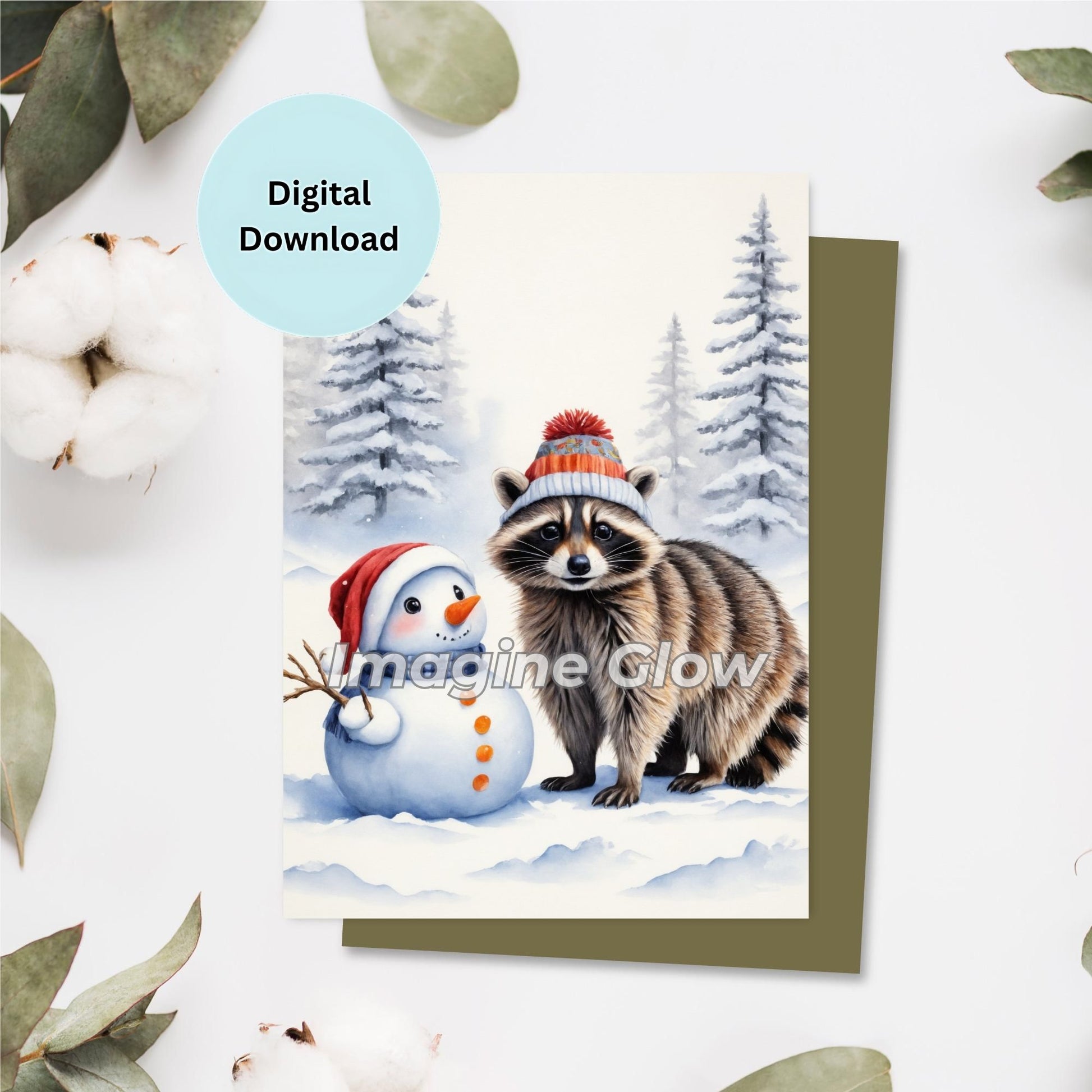 Christmas Raccoon card printable featuring a festive raccoon in a winter scene.