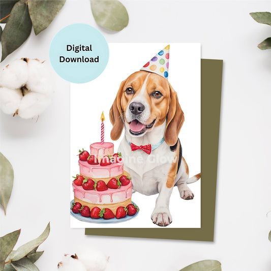 Printable Beagle dog birthday card for sending birthday wishes.