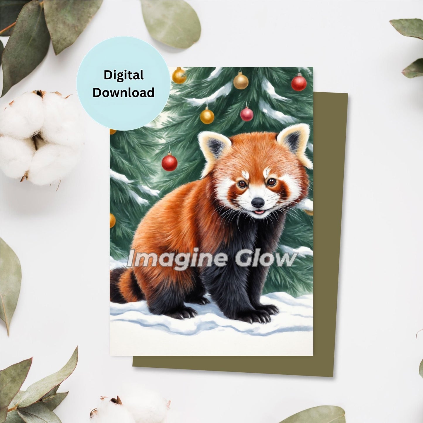 Christmas Red Panda card featuring a red panda in a festive winter setting.