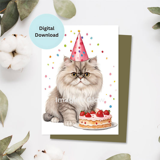 Printable Persian cat birthday card design