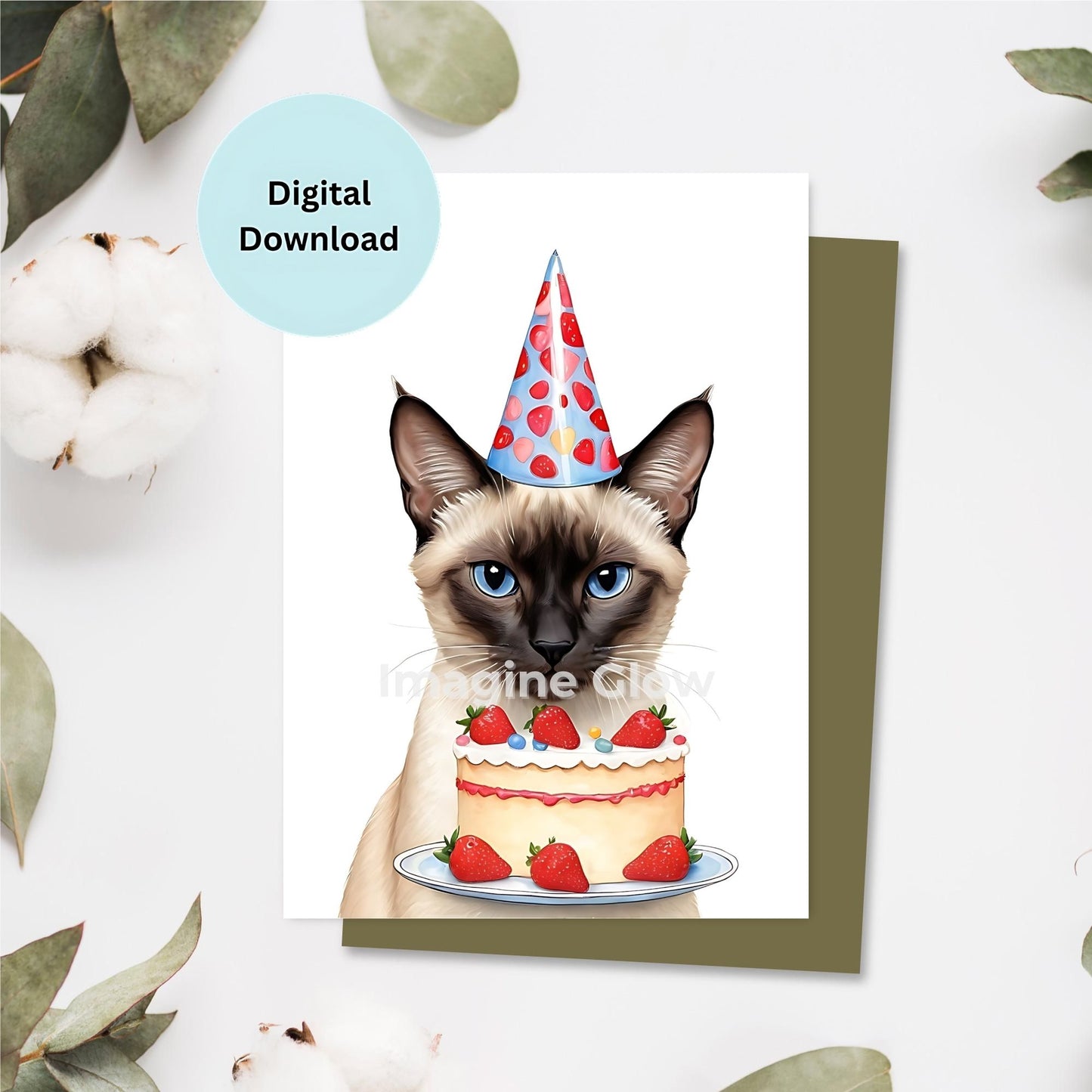 Printable Siamese cat birthday card design