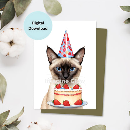 Printable Siamese cat birthday card design