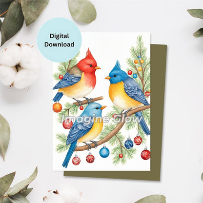 Christmas birds greeting card with festive winter illustrations.