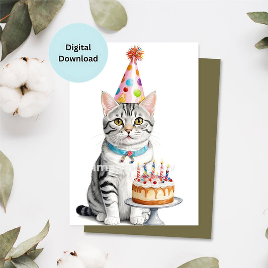 Printable birthday card featuring an American Shorthair cat.