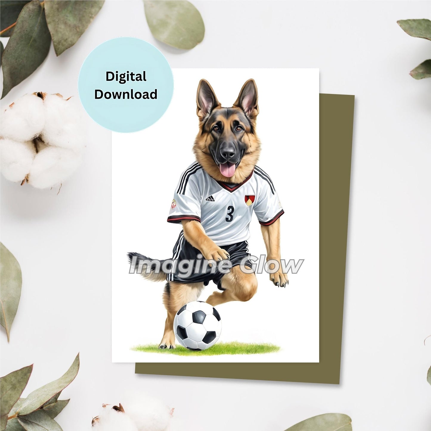 German Shepherd soccer birthday card featuring a dog in costume - perfect for soccer-themed birthday celebrations