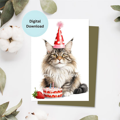 Printable Maine Coon cat birthday card design