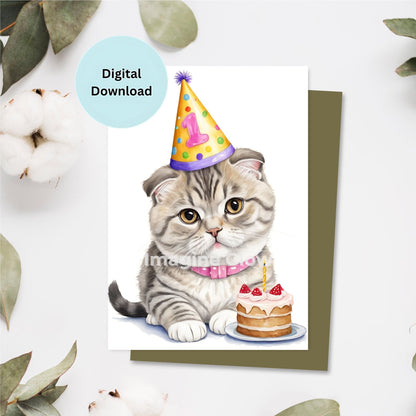 Printable Scottish Fold cat birthday card design