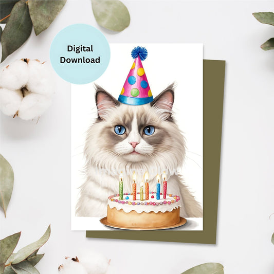 Printable Ragdoll cat birthday card design