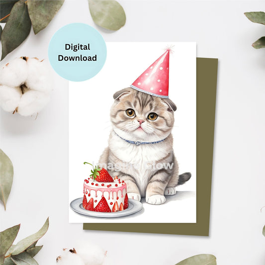  Celebrate birthdays in style with this adorable printable Scottish Fold cat birthday card. Featuring a delightful illustration of a charming Scottish Fold, this card is perfect for cat lovers who want to share a unique and personal birthday greeting. Easy to download and print, you can customize the card with your own heartfelt message, making it a thoughtful choice for friends or family. Suitable for all ages, this lovely card is sure to bring joy and smiles to anyone on their special day.