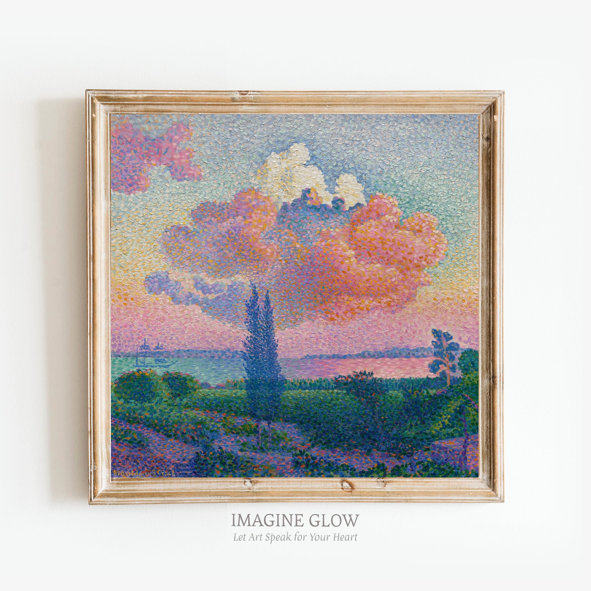 Whimsical vintage wall art of rainbow and cloud scene
