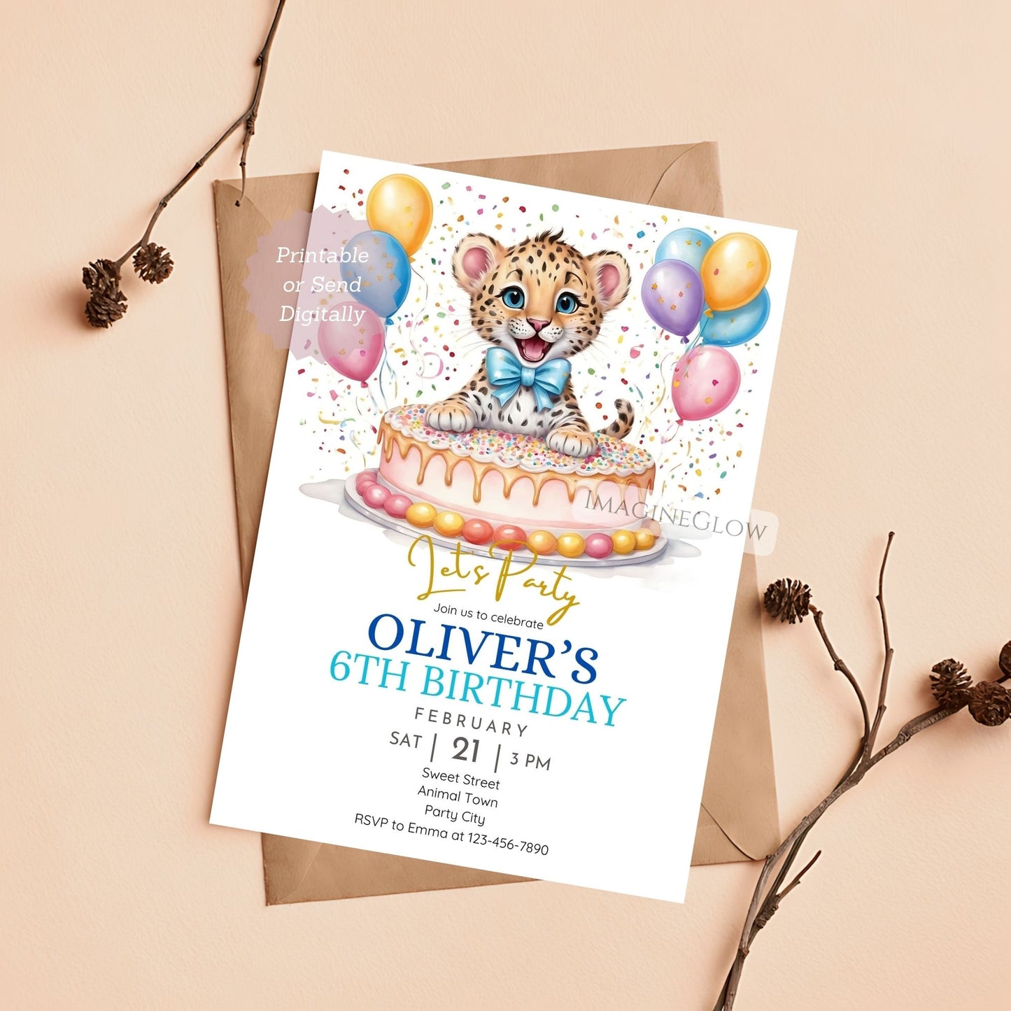 Leopard birthday invite with safari theme for boys

