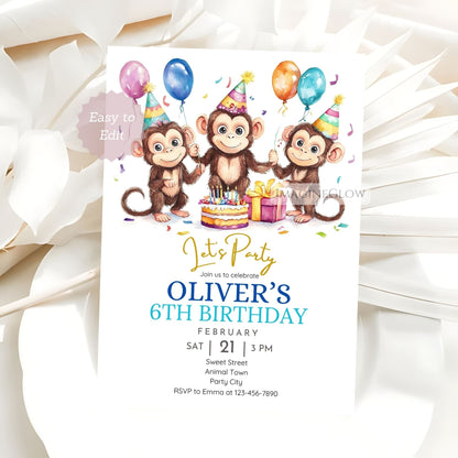 Safari party invitation featuring playful monkey
