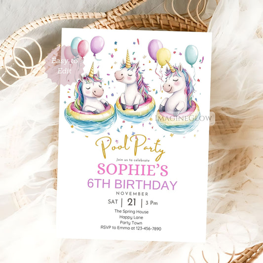 Unicorn pool party birthday invitation for girls


