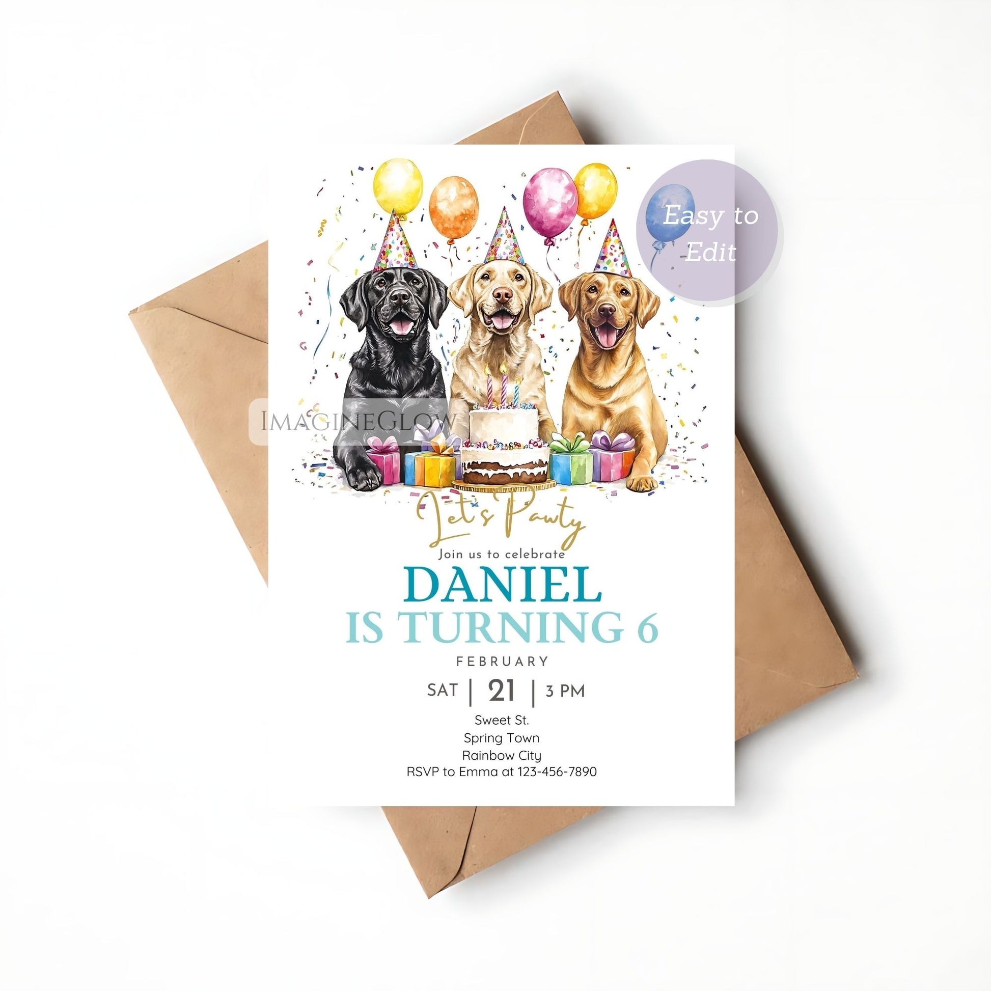 Dog party invitation featuring three Labs
Printable Labrador birthday party design
