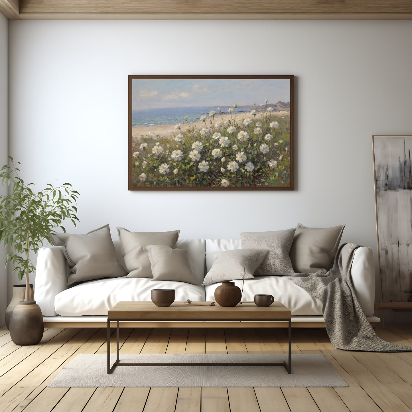 Serene nature art featuring a field of wildflowers by the coast