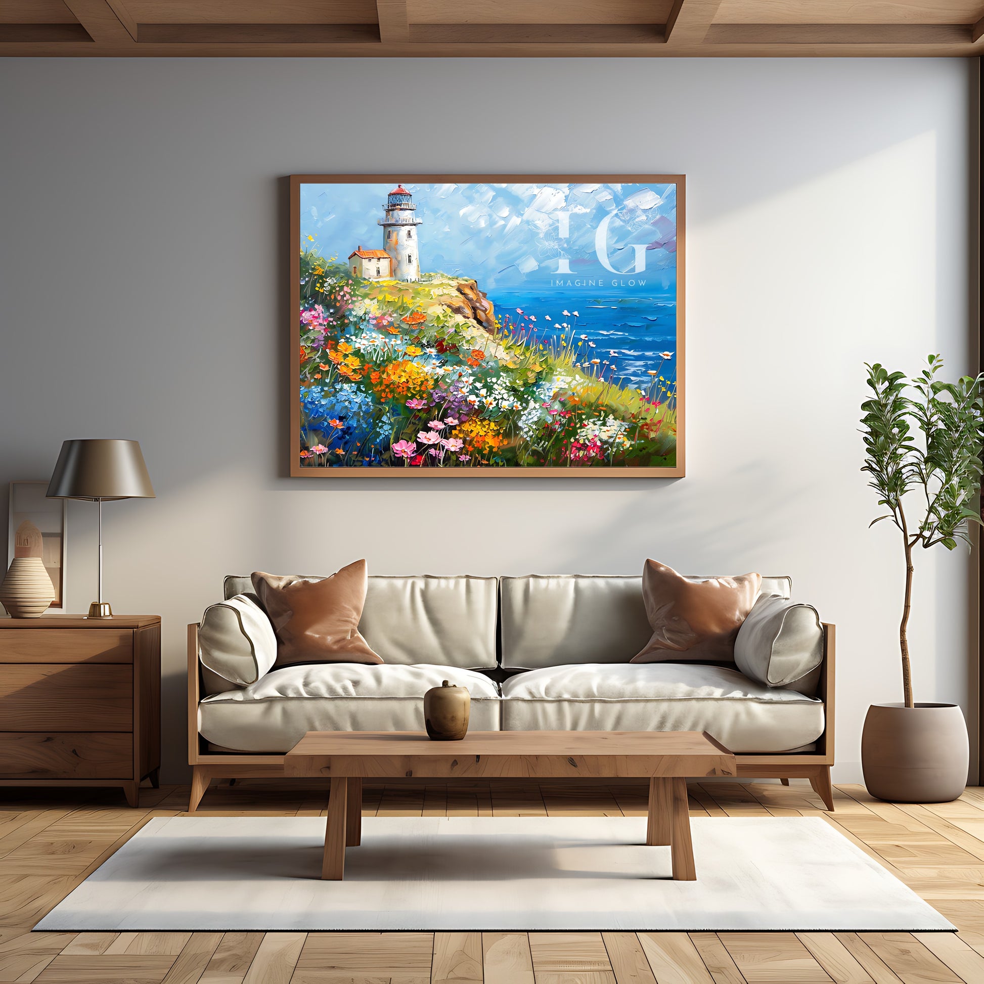 Coastal decor featuring a lighthouse and blooming wildflowers